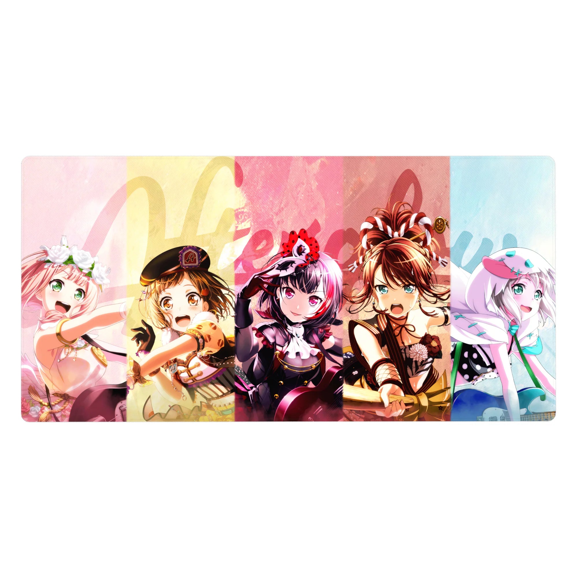 BanG Dream! anime girl desk pad 40x20 inches with five idols, Welcome text, lace and ribbon outfits.