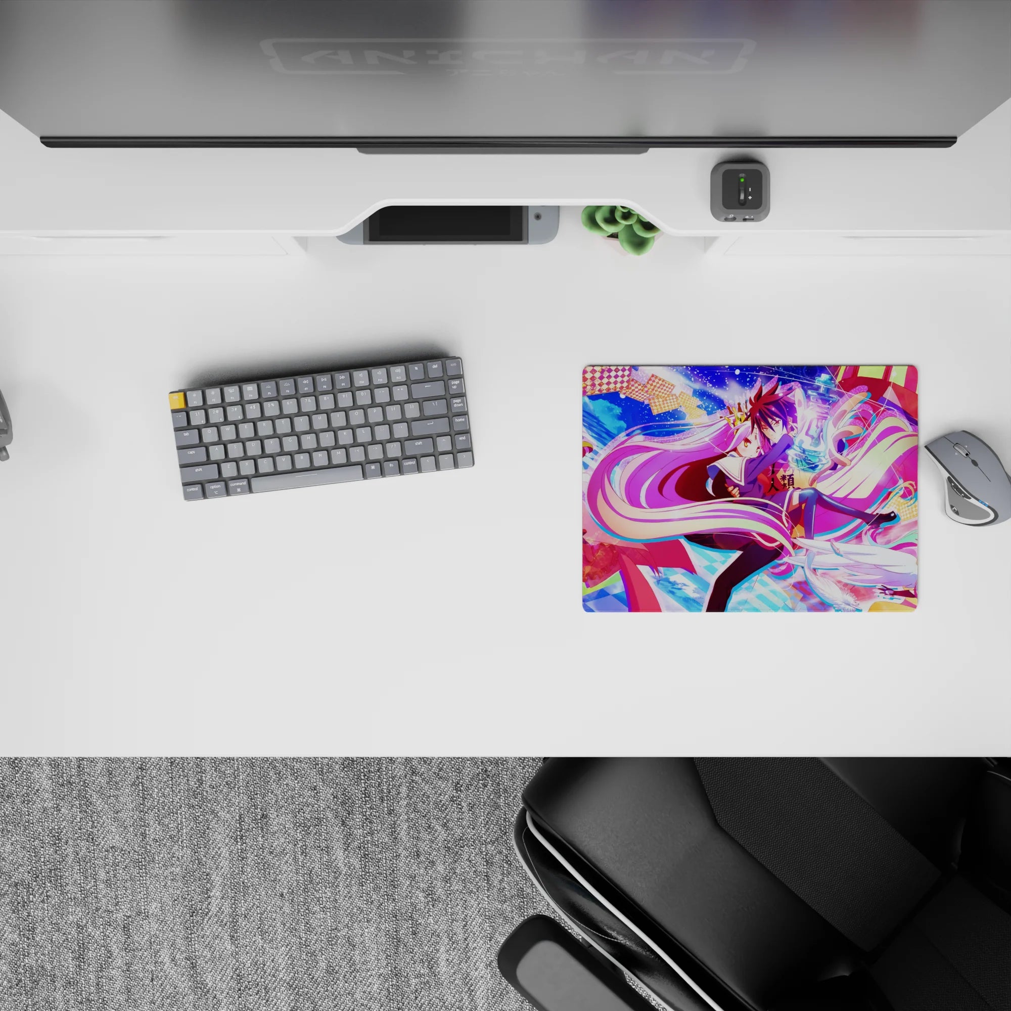 Neon candy kaleidoscope anime mouse pad 14x10 inches in pink, violet, and purple with glossy highlights.