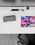 Neon candy kaleidoscope anime mouse pad 14x10 inches in pink, violet, and purple with glossy highlights.