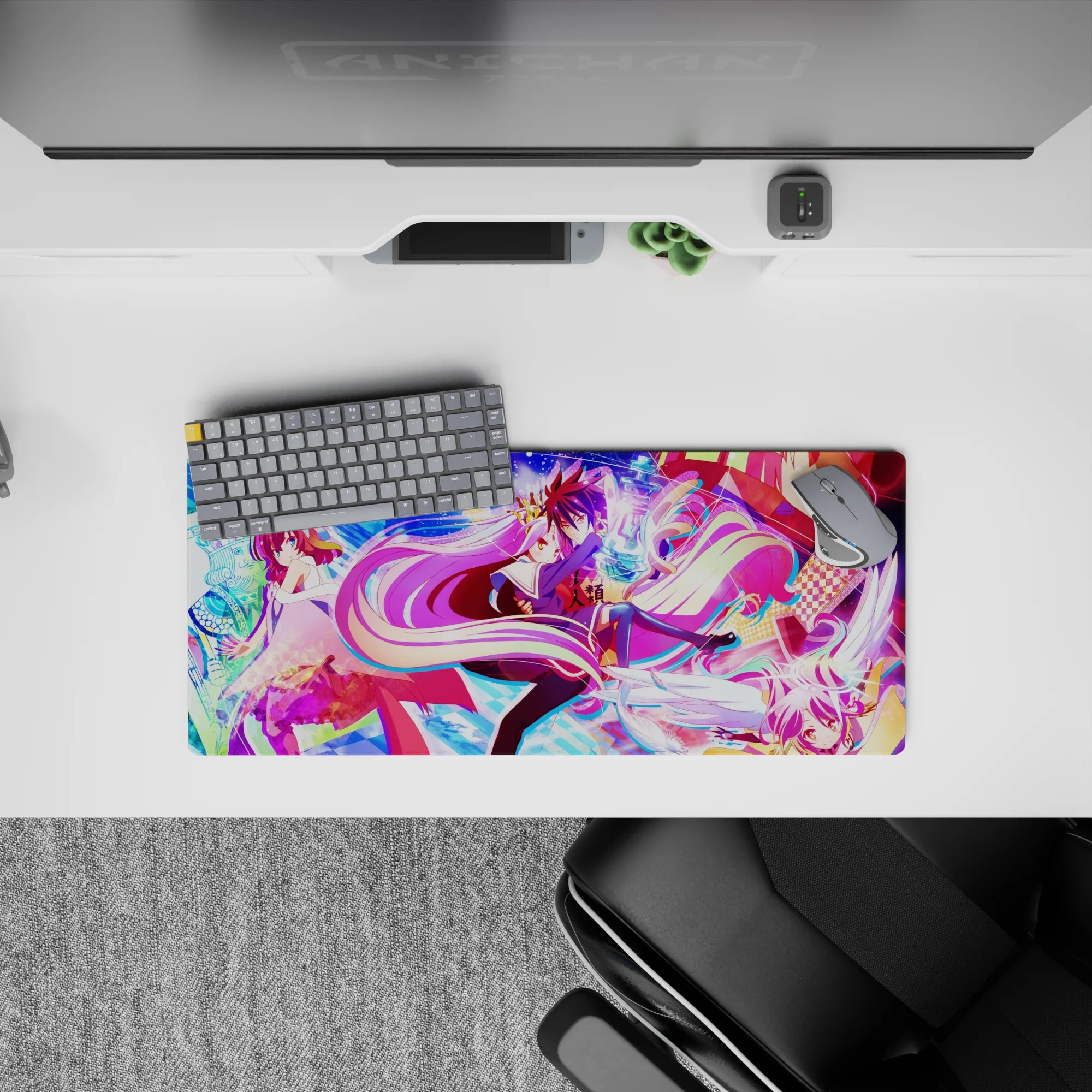 28x12 inches anime mouse pad in neon candy hues, pink and violet ribbons, glossy highlights, kinetic vibe.