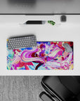 28x12 inches anime mouse pad in neon candy hues, pink and violet ribbons, glossy highlights, kinetic vibe.