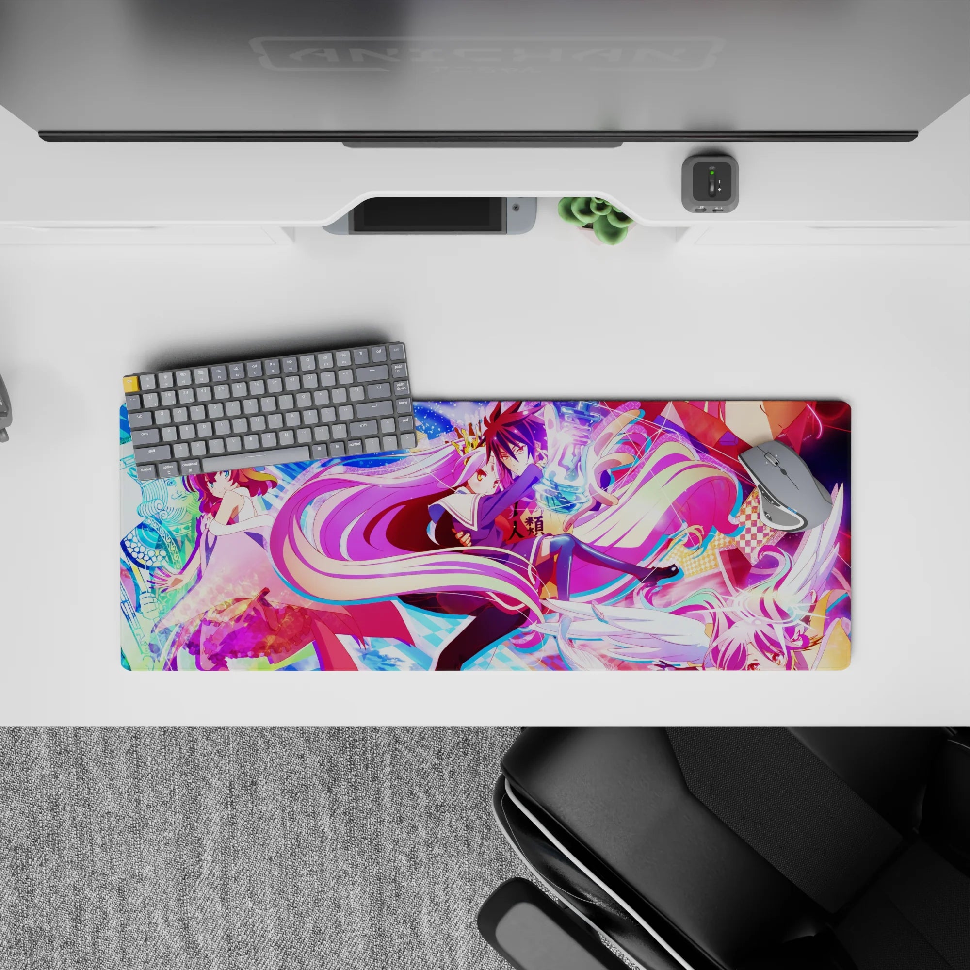 Neon candy purple, pink, and violet anime mouse pad 32x12 inches with glowing chess-piece vibe.
