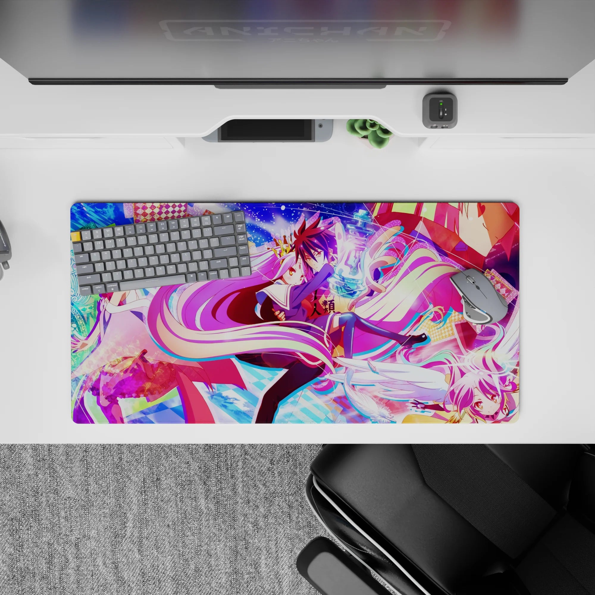 Neon candy purple, pink, and violet anime mouse pad 32x16 inches with glowing chess effects and stars.