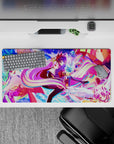 Neon candy purple, pink, and violet anime mouse pad 32x16 inches with glowing chess effects and stars.