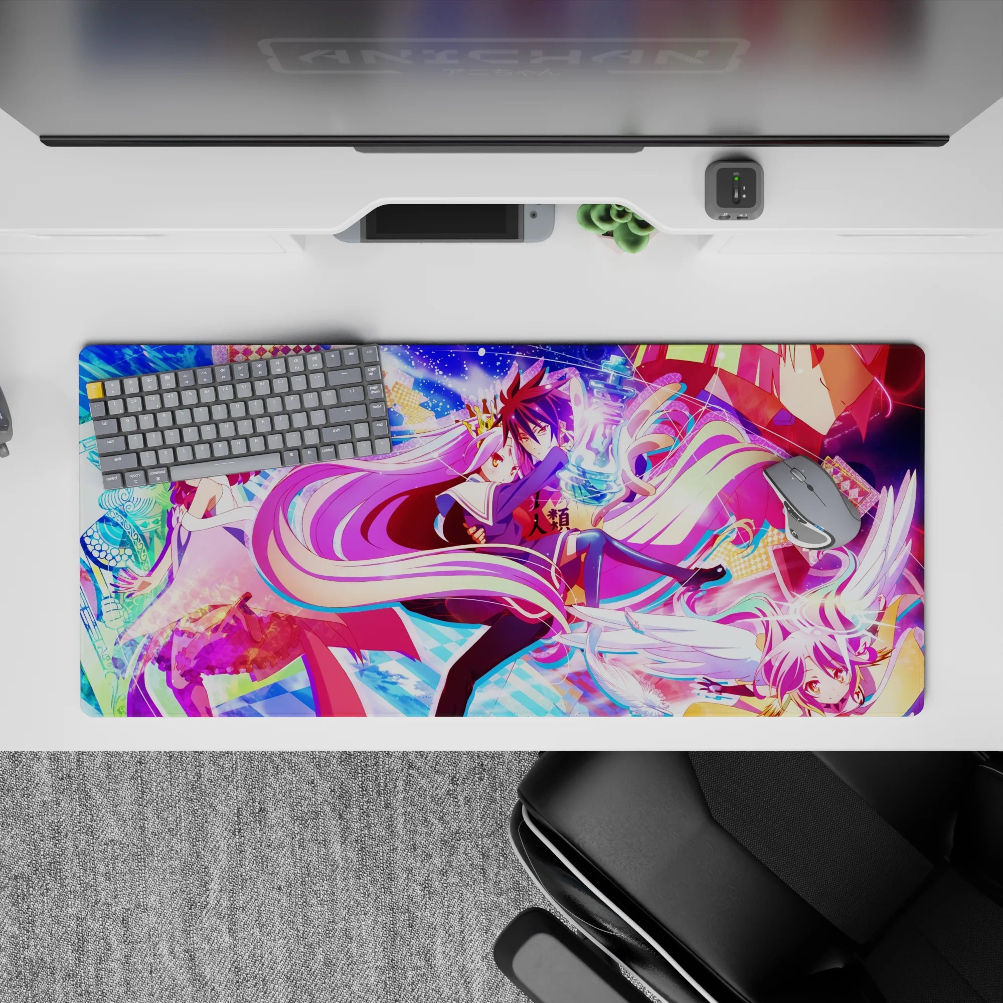 Neon candy color desk pad 36x16 inches in pink, violet, and purple with stars, cards, and glowing light.