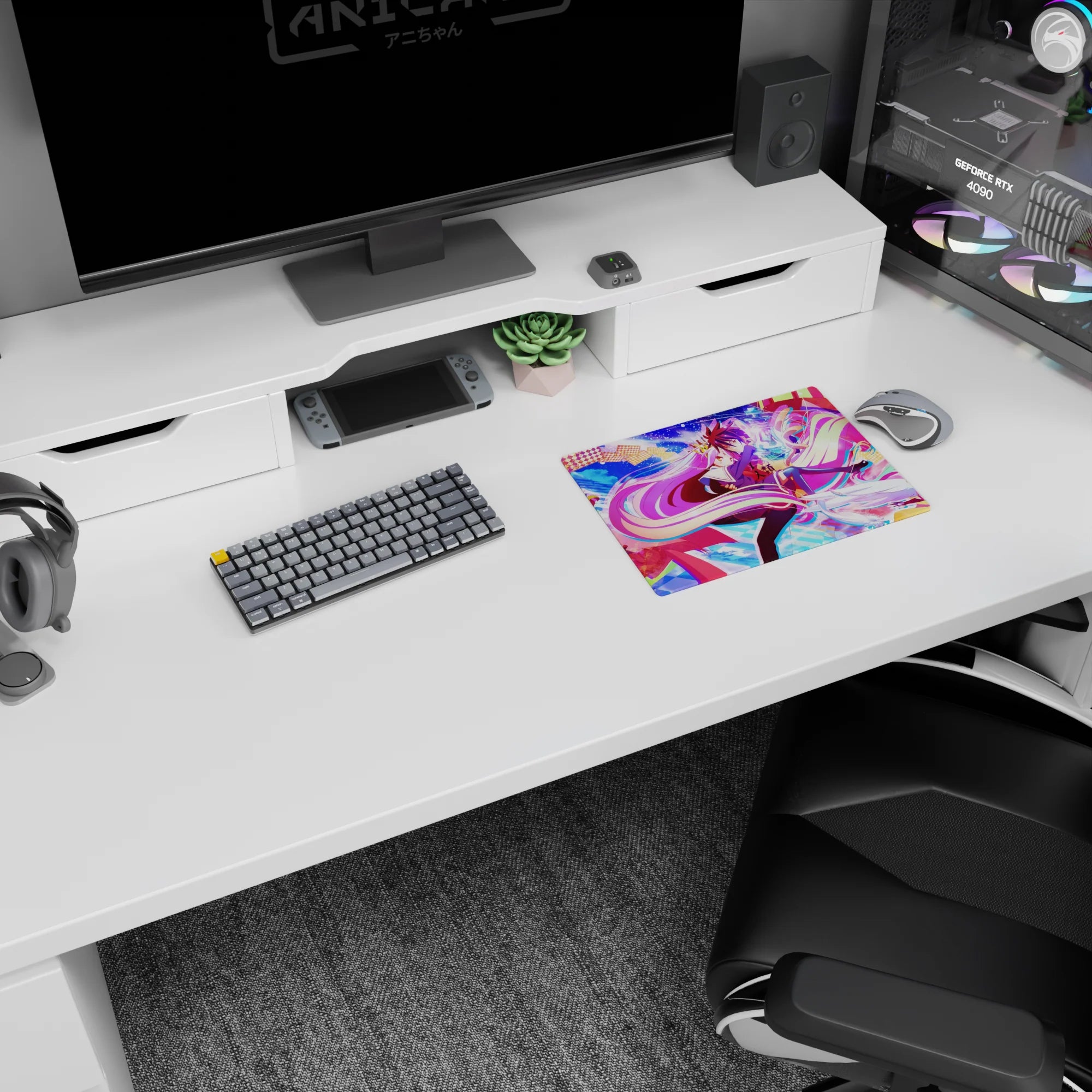 Shiro and Sora No Game No Life scene mouse pad 14x10 inches, gliding through cards and stars.