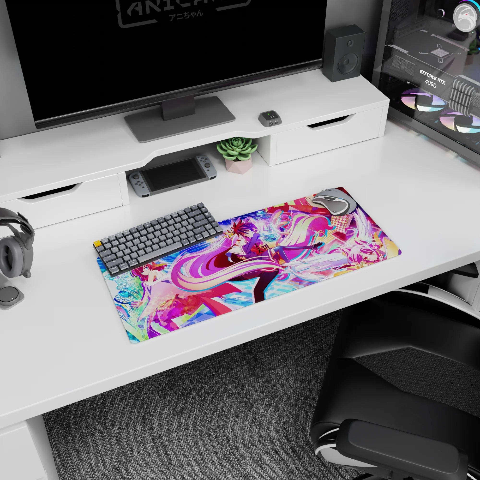 28x12 inches No Game No Life mouse pad featuring Shiro and Sora drifting through a kaleidoscope card sky.