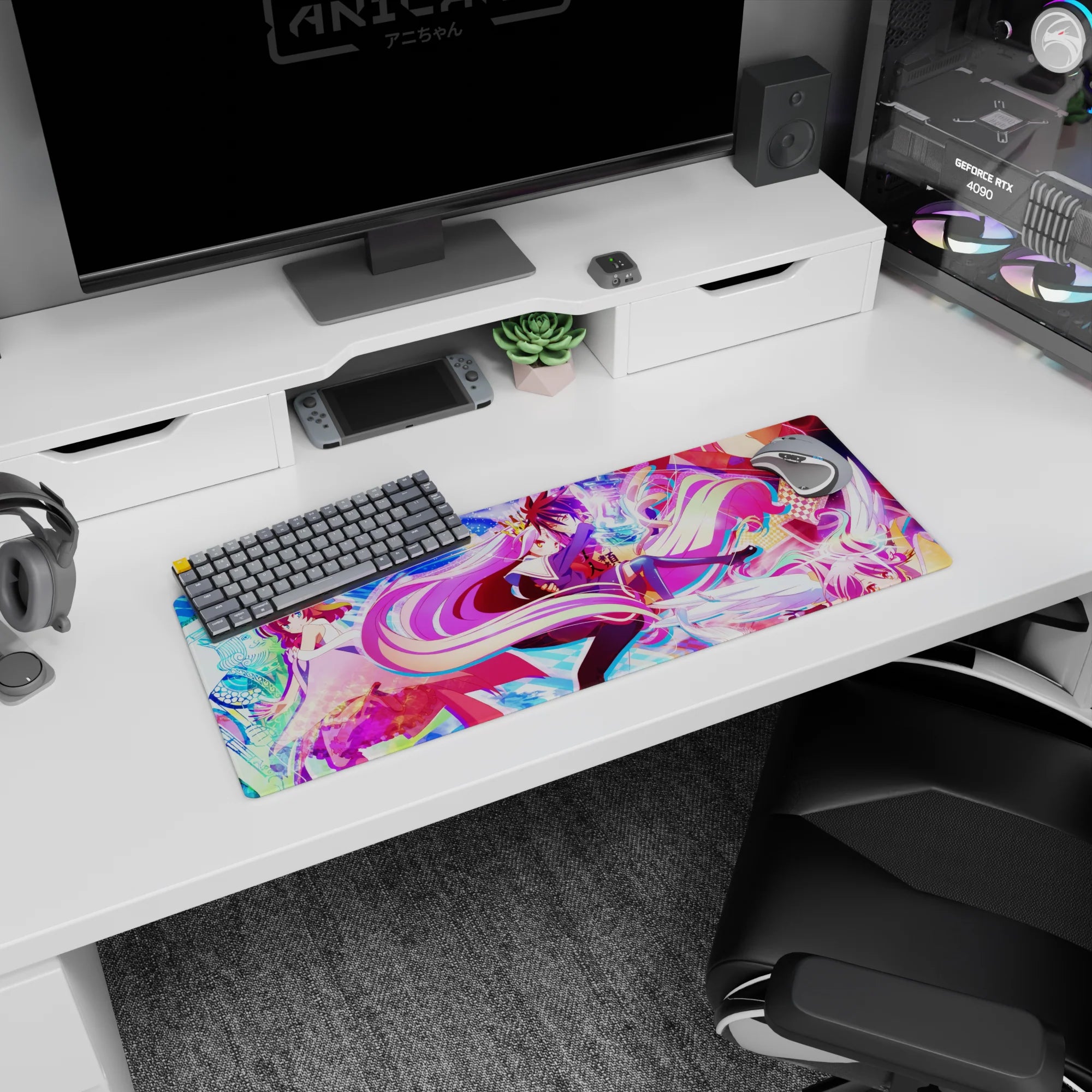 Shiro and Sora gliding through stars and floating light anime mouse pad 32x12 inches.