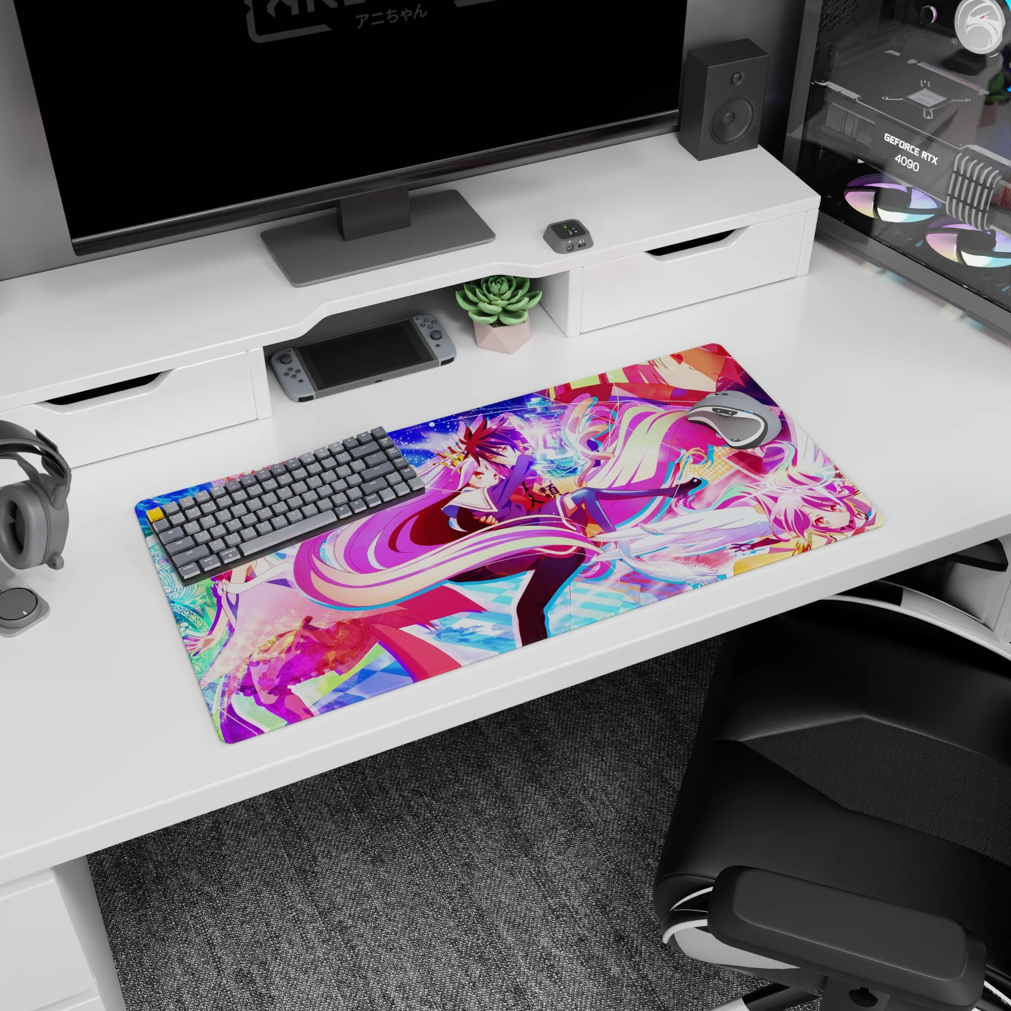 Shiro and Sora gliding through floating cards and starlight on an anime mouse pad 32x16 inches.