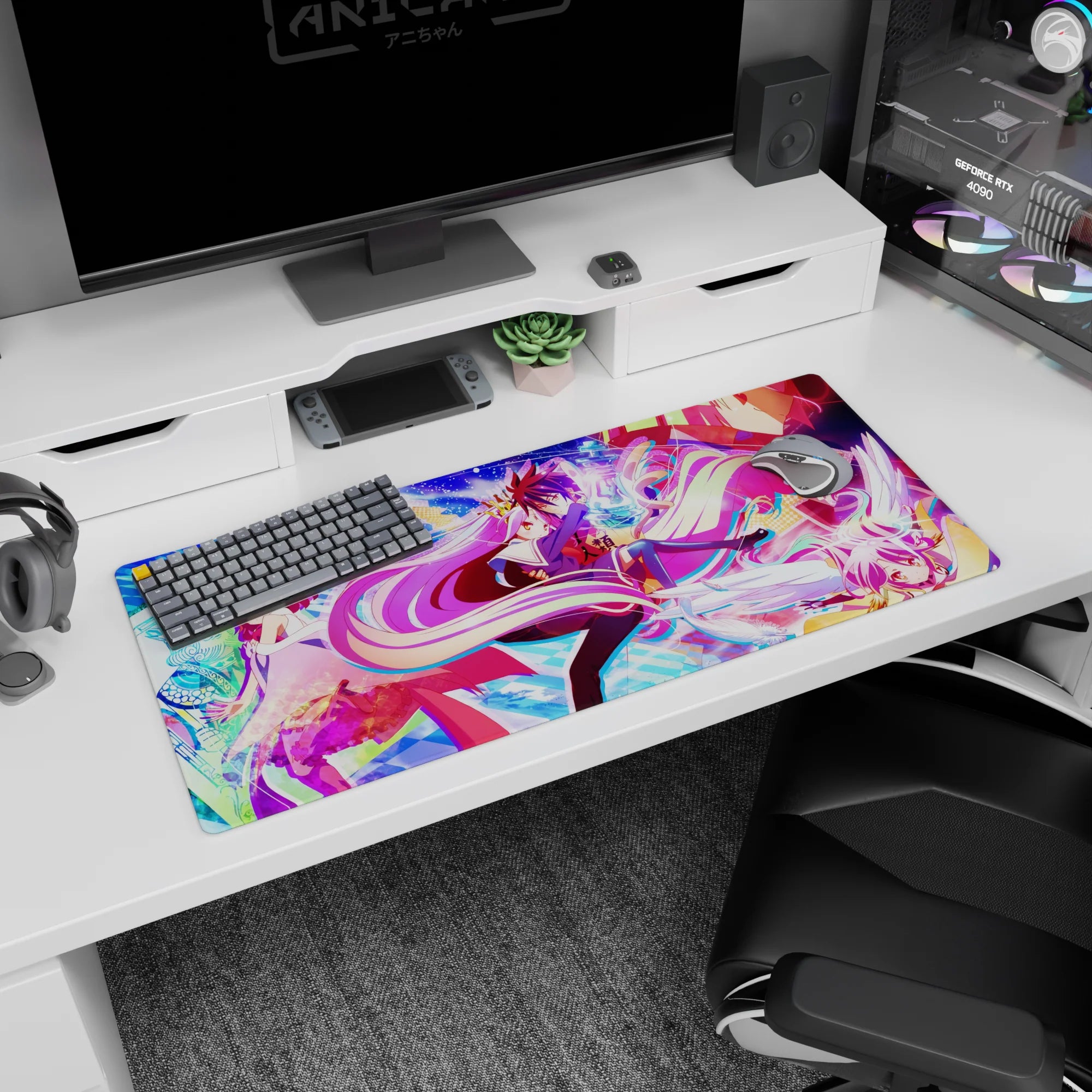 Shiro and Sora glide through a starry card kaleidoscope on a 36x16 inches anime desk pad.