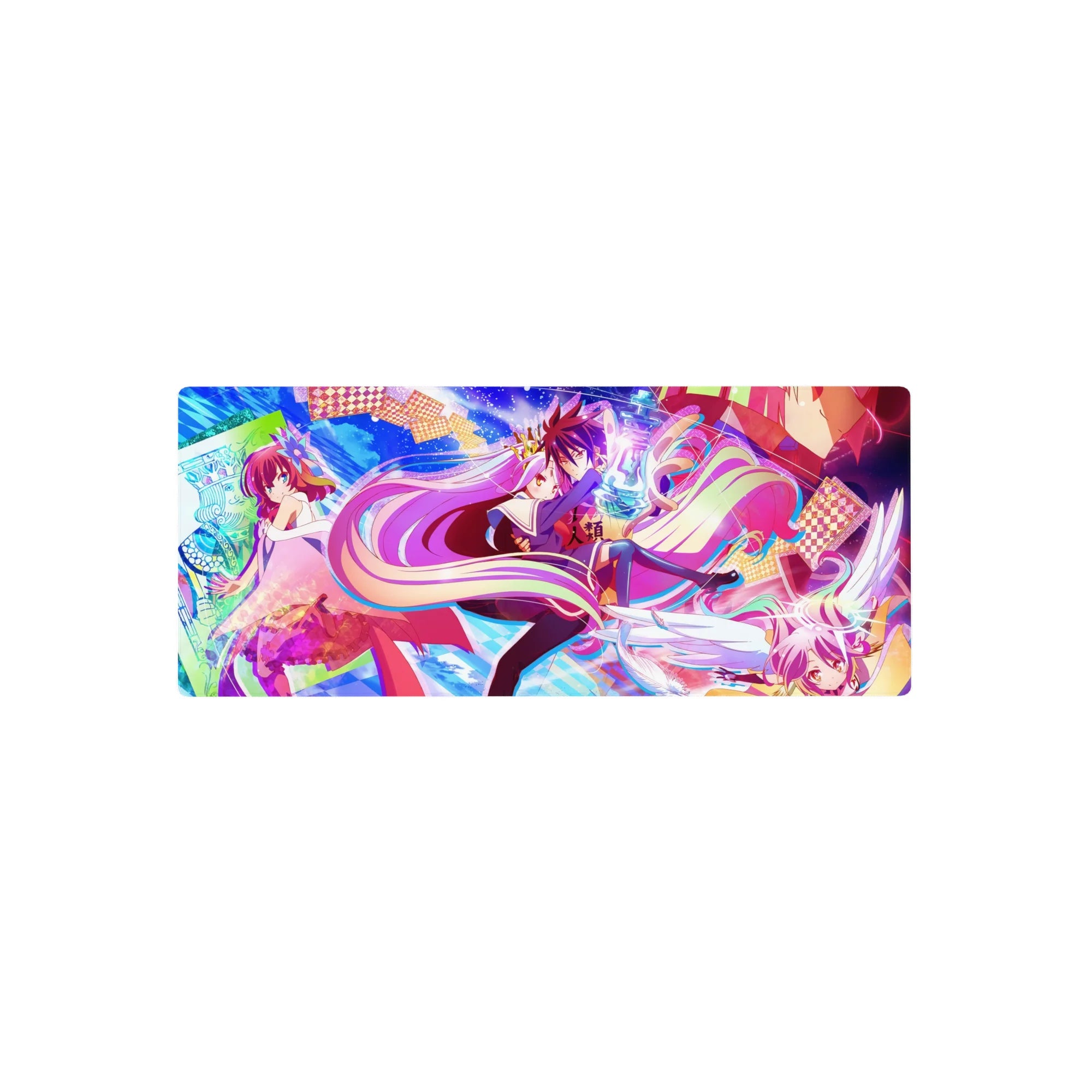 28x12 inches anime mouse pad with No Game No Life-style sky of cards, stars, and glowing chess effects.