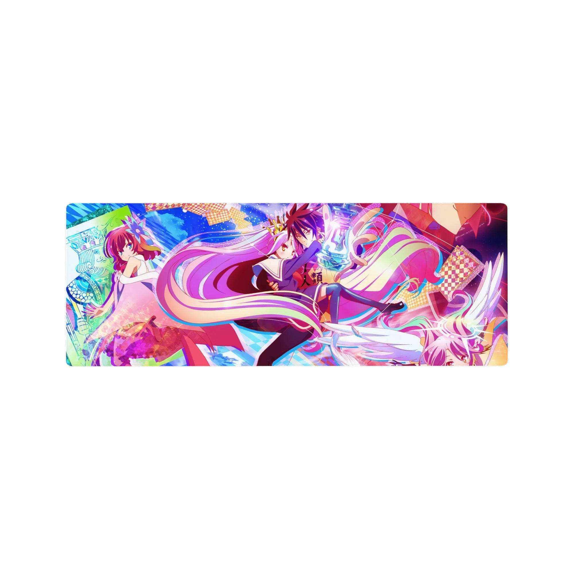No Game No Life anime mouse pad 32x12 inches with Shiro and Sora in a kaleidoscope card sky.