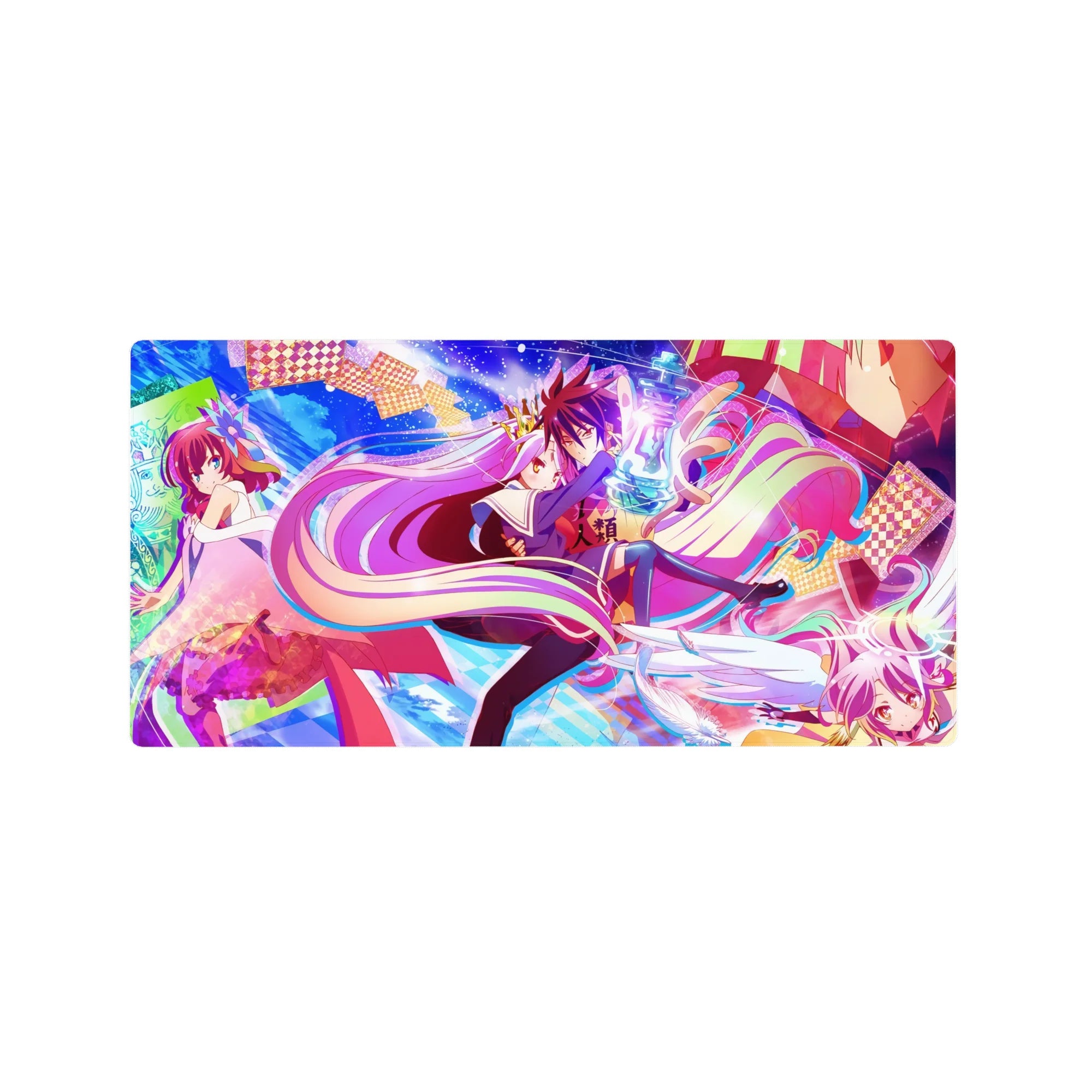 No Game No Life anime mouse pad 32x16 inches with Shiro and Sora in a kaleidoscope card-sky scene.