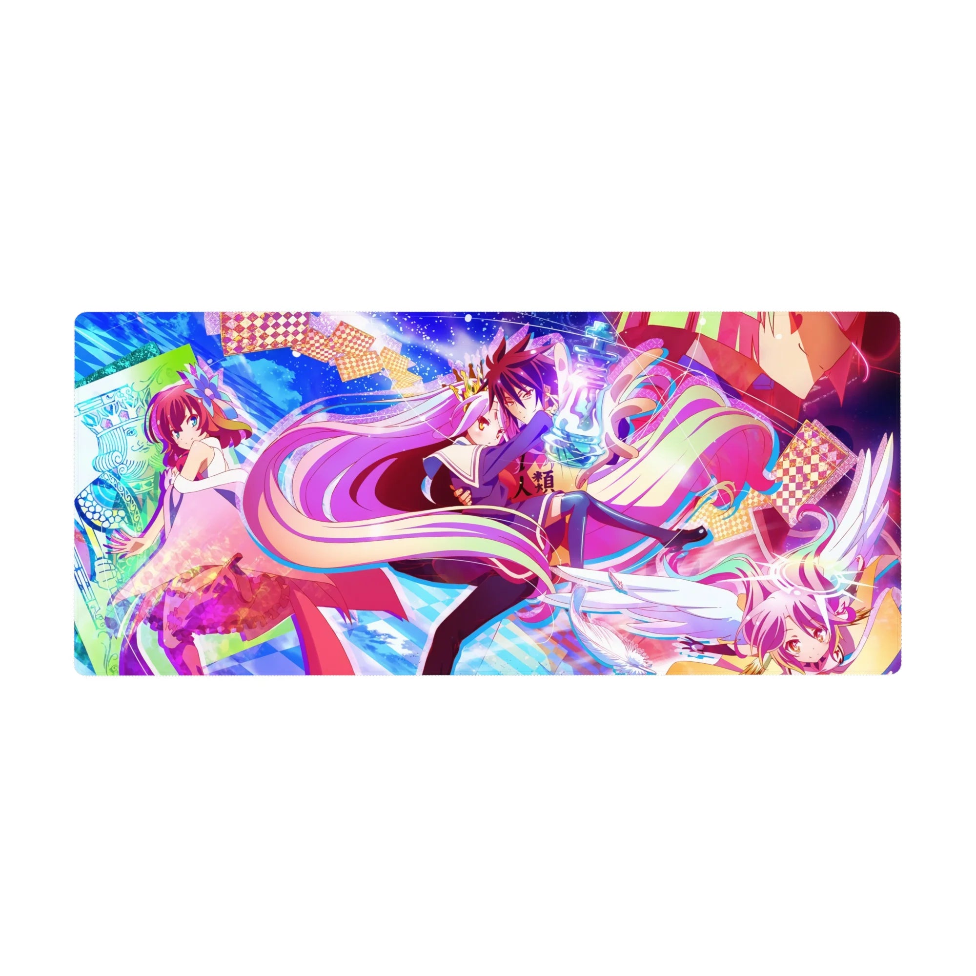 No Game No Life anime desk pad 36x16 inches with Shiro and Sora in a kaleidoscope card-sky scene.