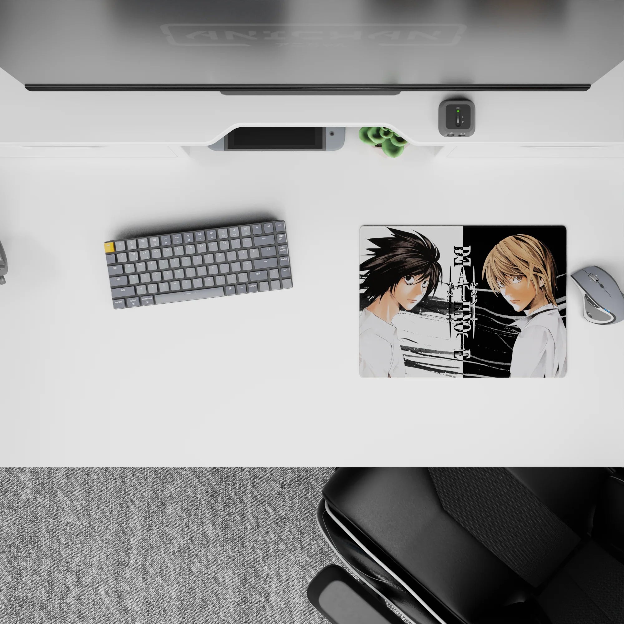 Black-and-white minimalist anime mouse pad 14x10 inches with ink-brush textures and tense mood.