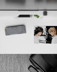 Black-and-white minimalist anime mouse pad 14x10 inches with ink-brush textures and tense mood.