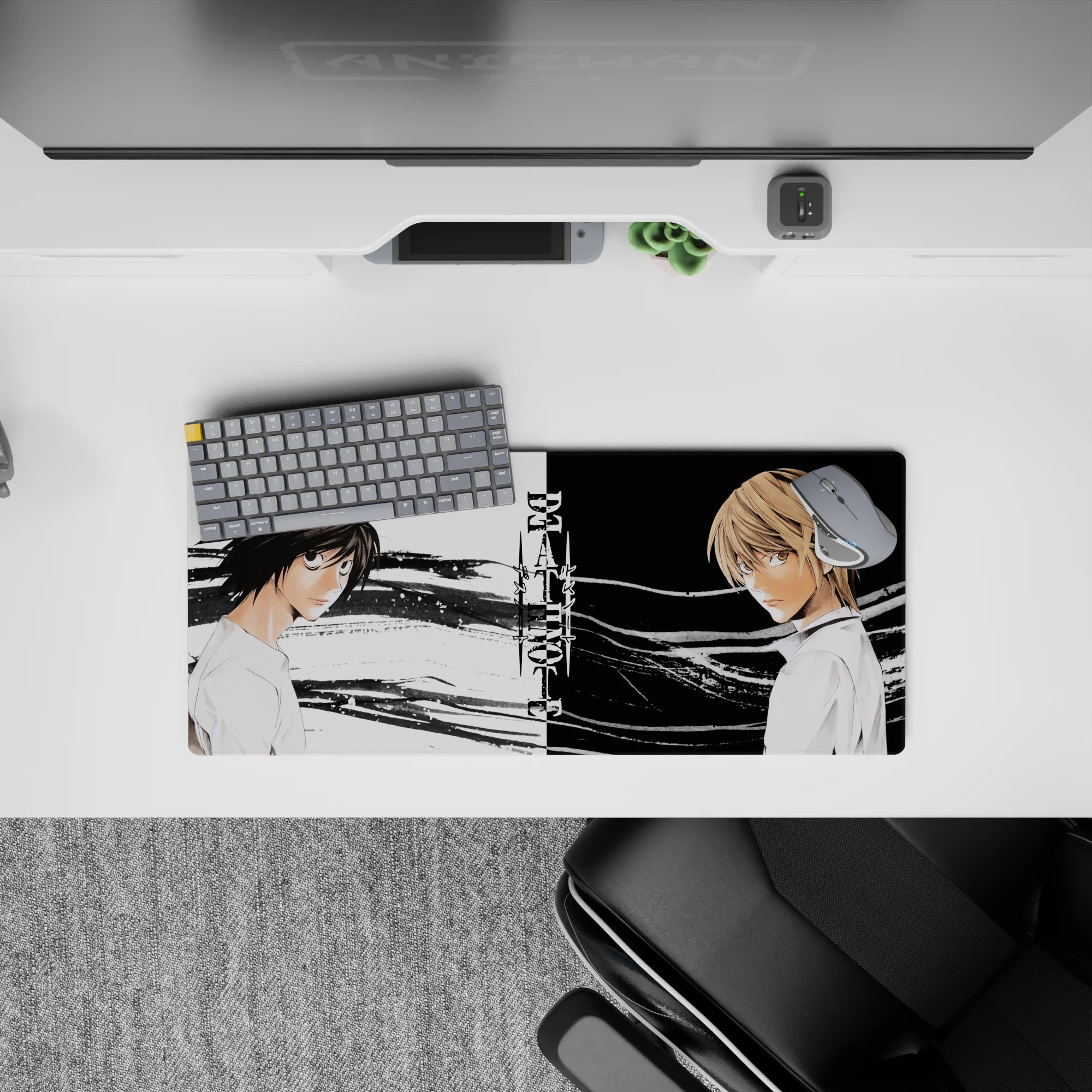 28x12 inches black-and-white anime mouse pad with ink-brush textures, high-contrast minimalist mood.