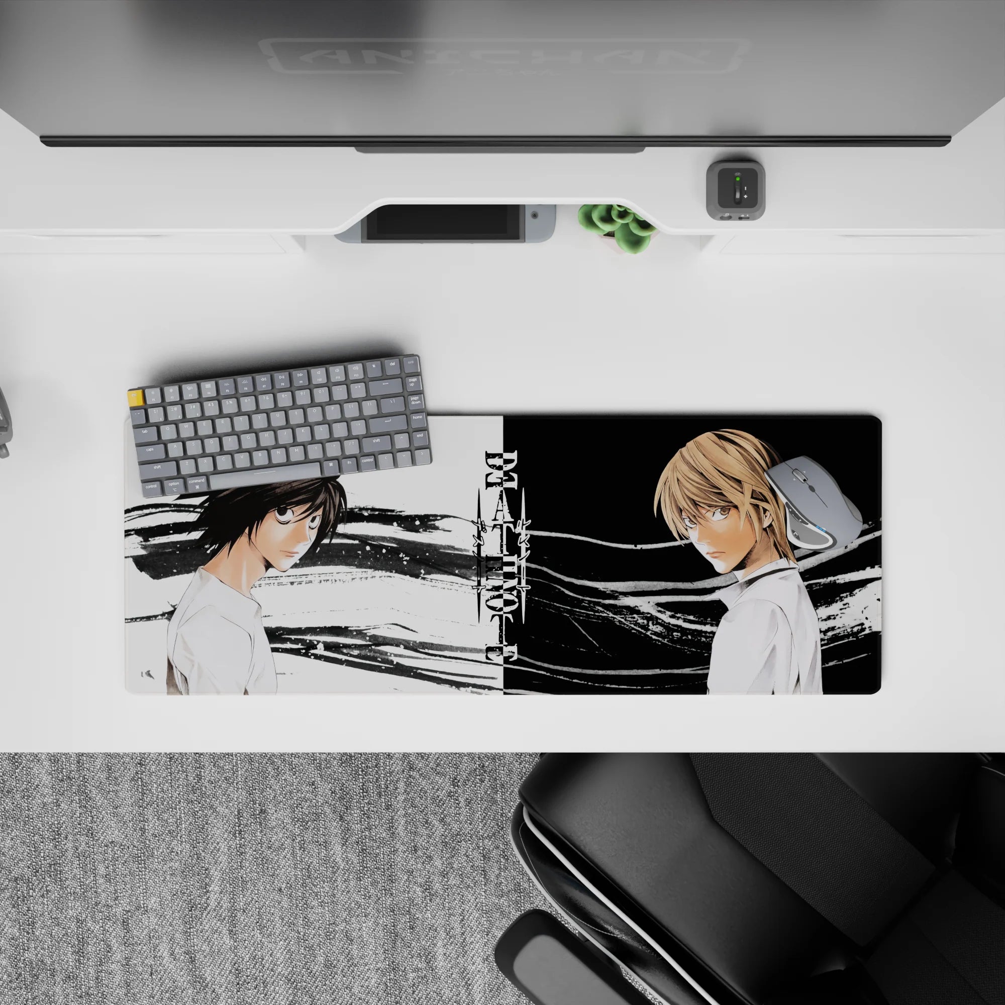 32x12 inches anime mouse pad in stark black-and-white, moody minimal brush textures and tension.
