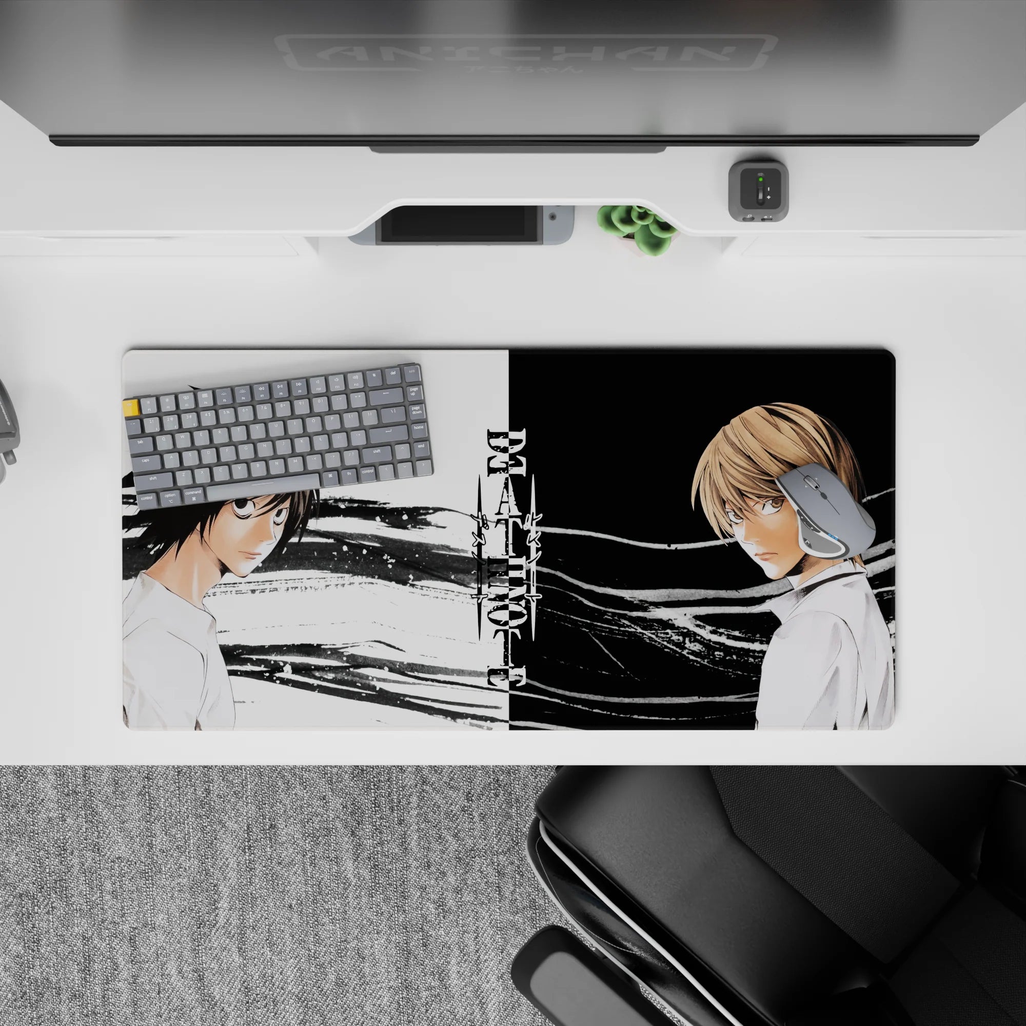 Black-and-white 32x16 inches anime mouse pad with high-contrast ink brush textures, tense vibe.
