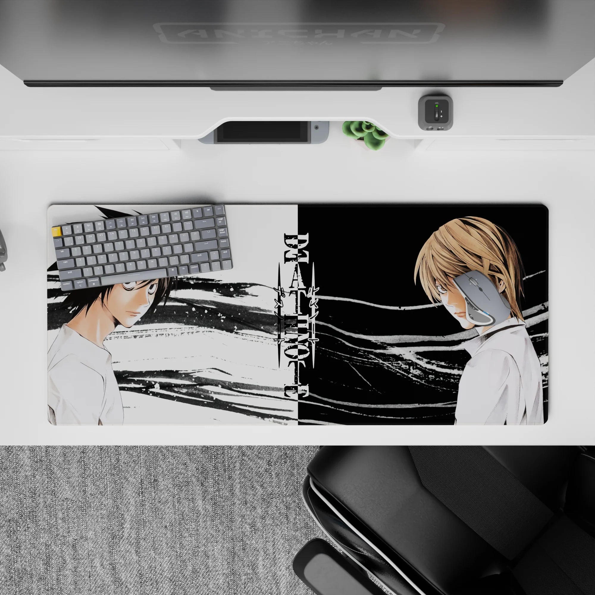 36x16 inches black-and-white anime desk pad with high-contrast brush textures and moody minimalism.