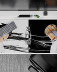 Black-and-white minimalist anime desk pad 40x20 inches, moody ink-brush textures and crisp lines.