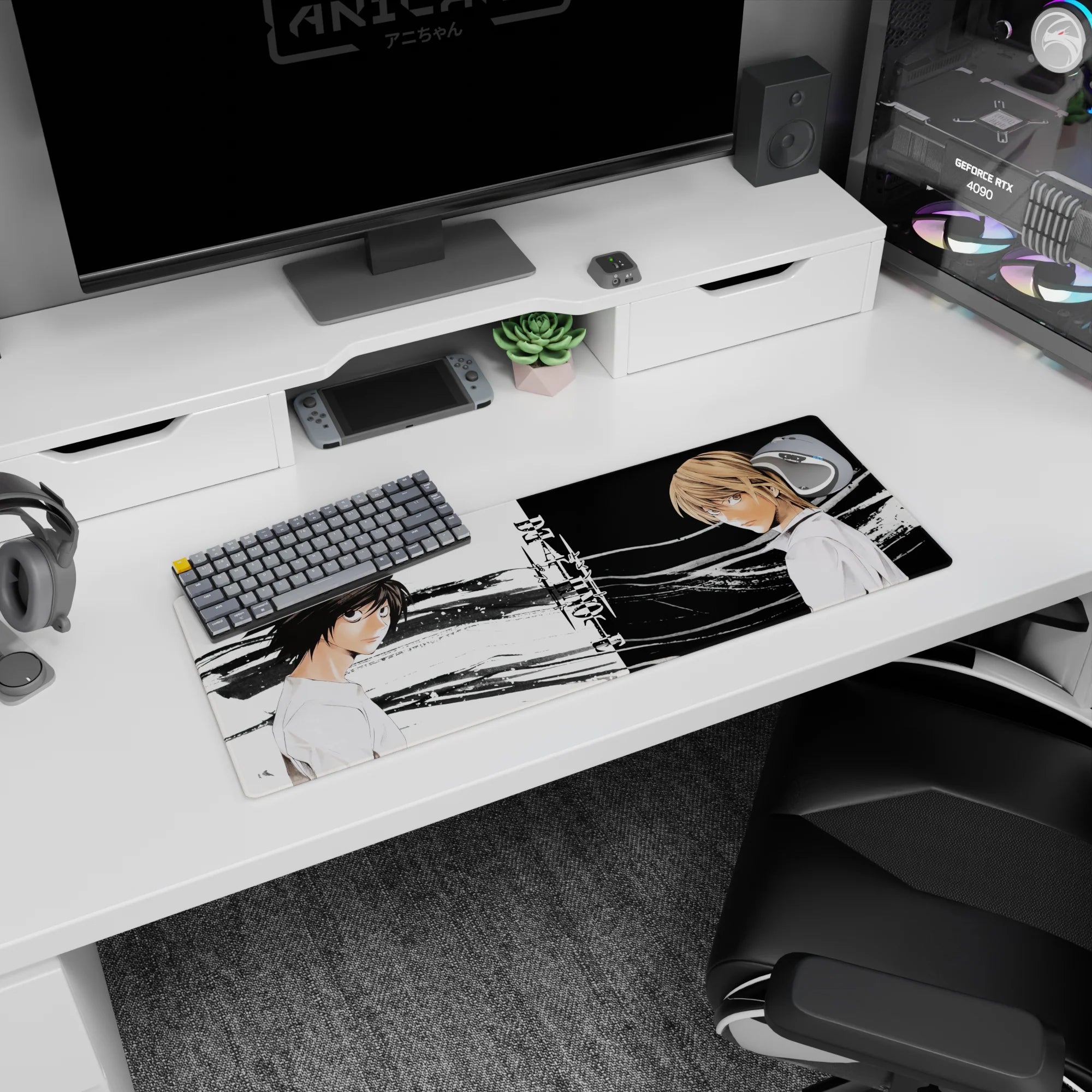 32x12 inches Death Note mouse pad featuring Light Yagami facing L in a clean high-contrast split.