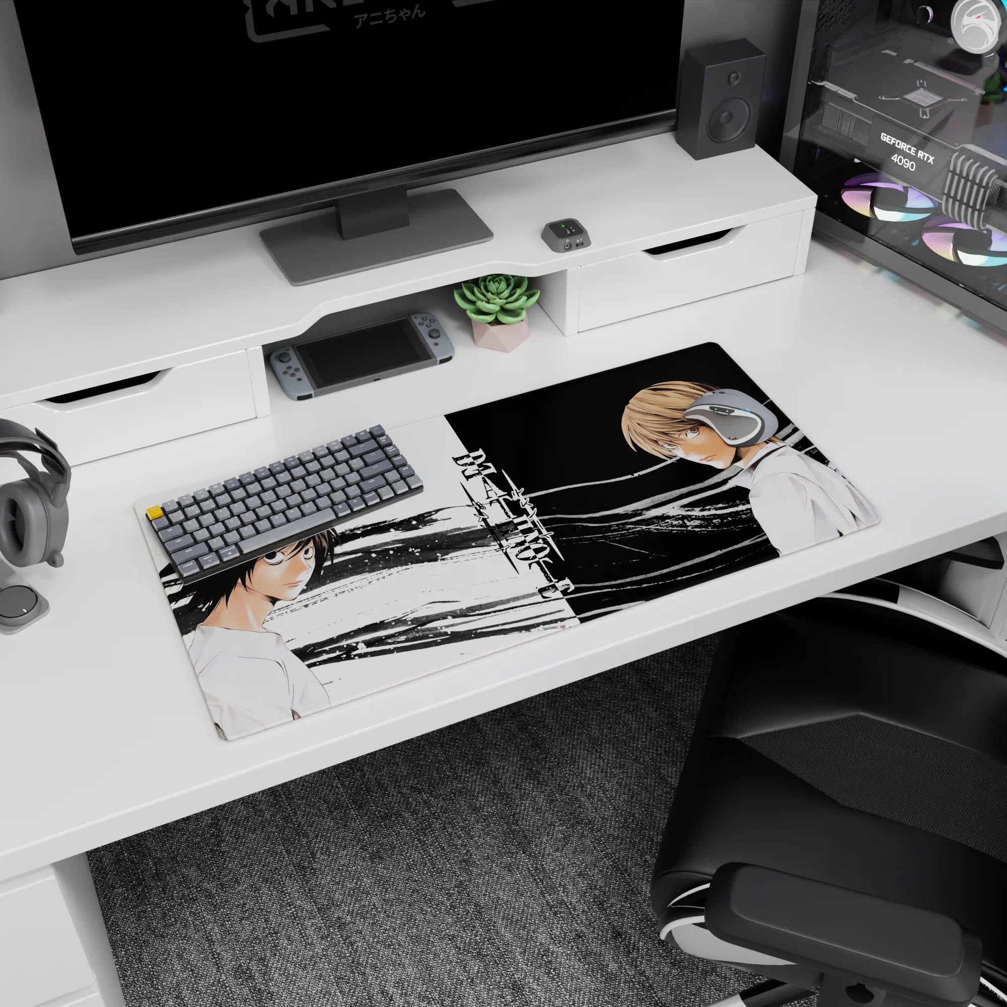 Light Yagami and L face-off on a 32x16 inches anime mouse pad, white shirts, ink-split panel.