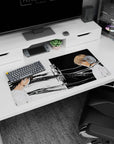 Light Yagami and L face-off on a 32x16 inches anime mouse pad, white shirts, ink-split panel.
