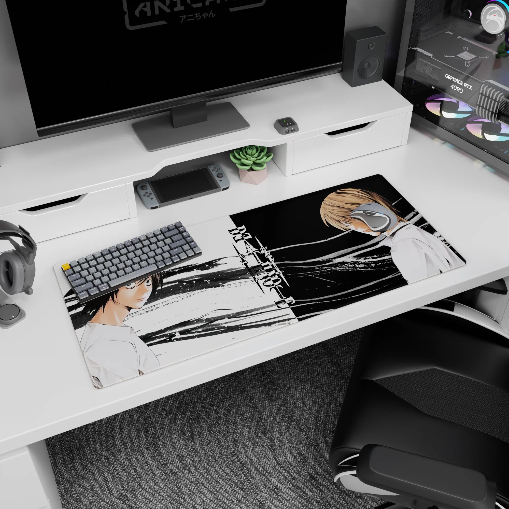 36x16 inches Death Note desk pad featuring Light Yagami vs L facing off in a tense split portrait.