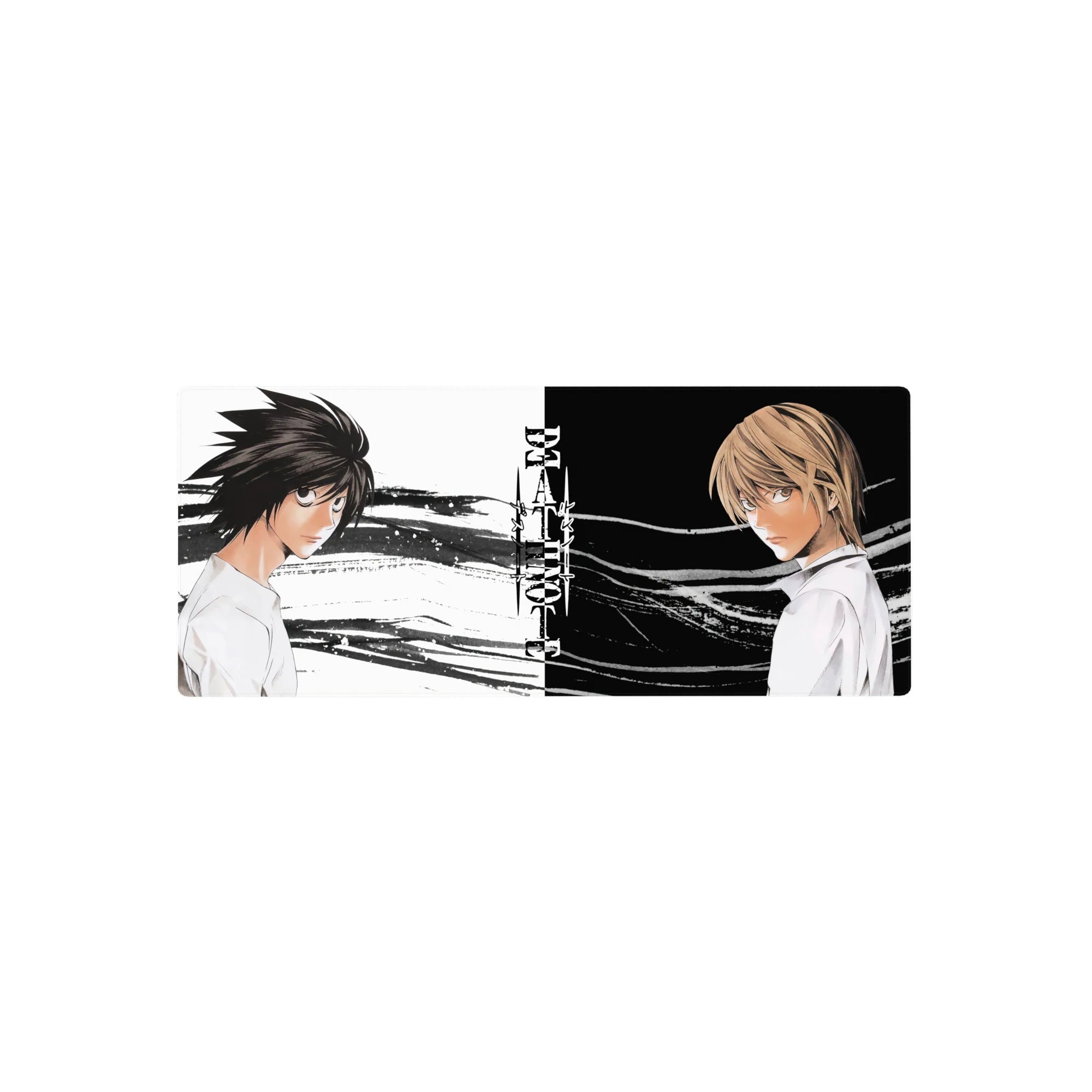 28x12 inches anime mouse pad with split standoff design and bold Death Note logo, clean line art.