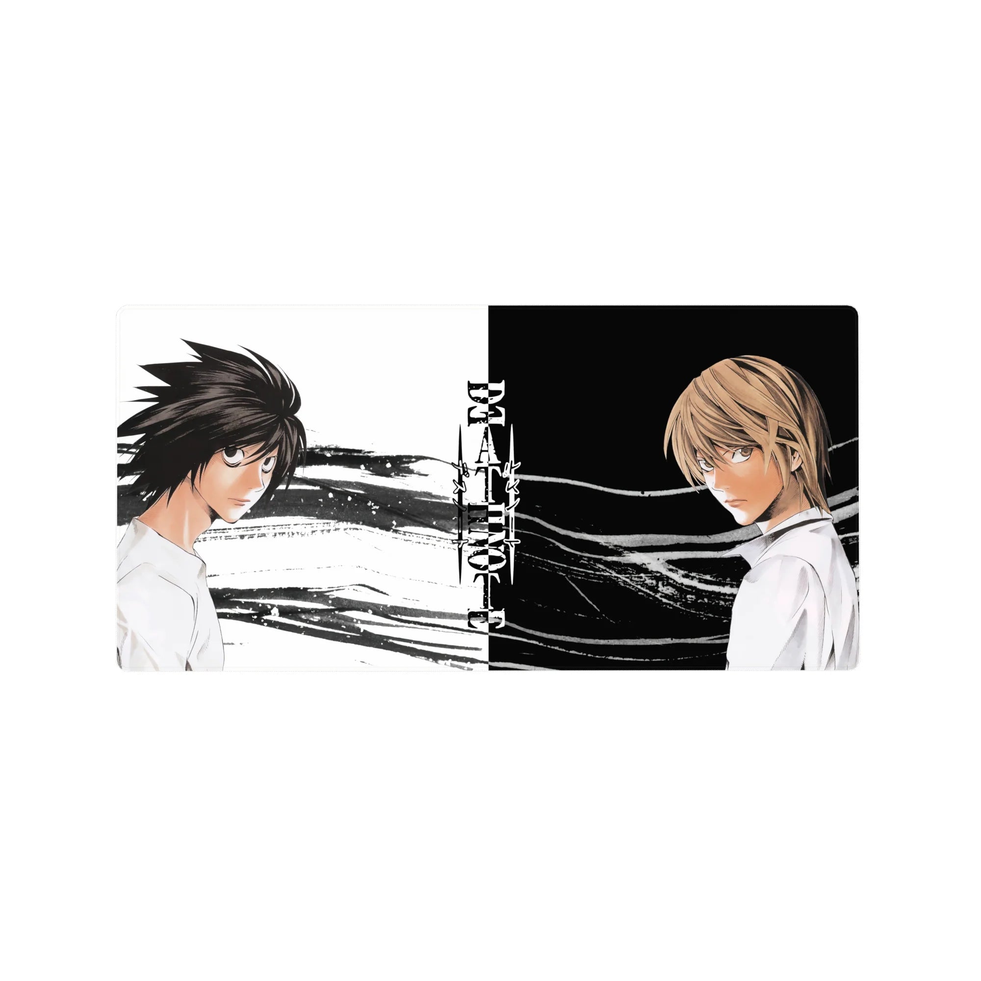 Death Note anime mouse pad 32x16 inches with split Light vs L standoff and bold logo.