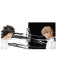 Death Note anime mouse pad 32x16 inches with split Light vs L standoff and bold logo.