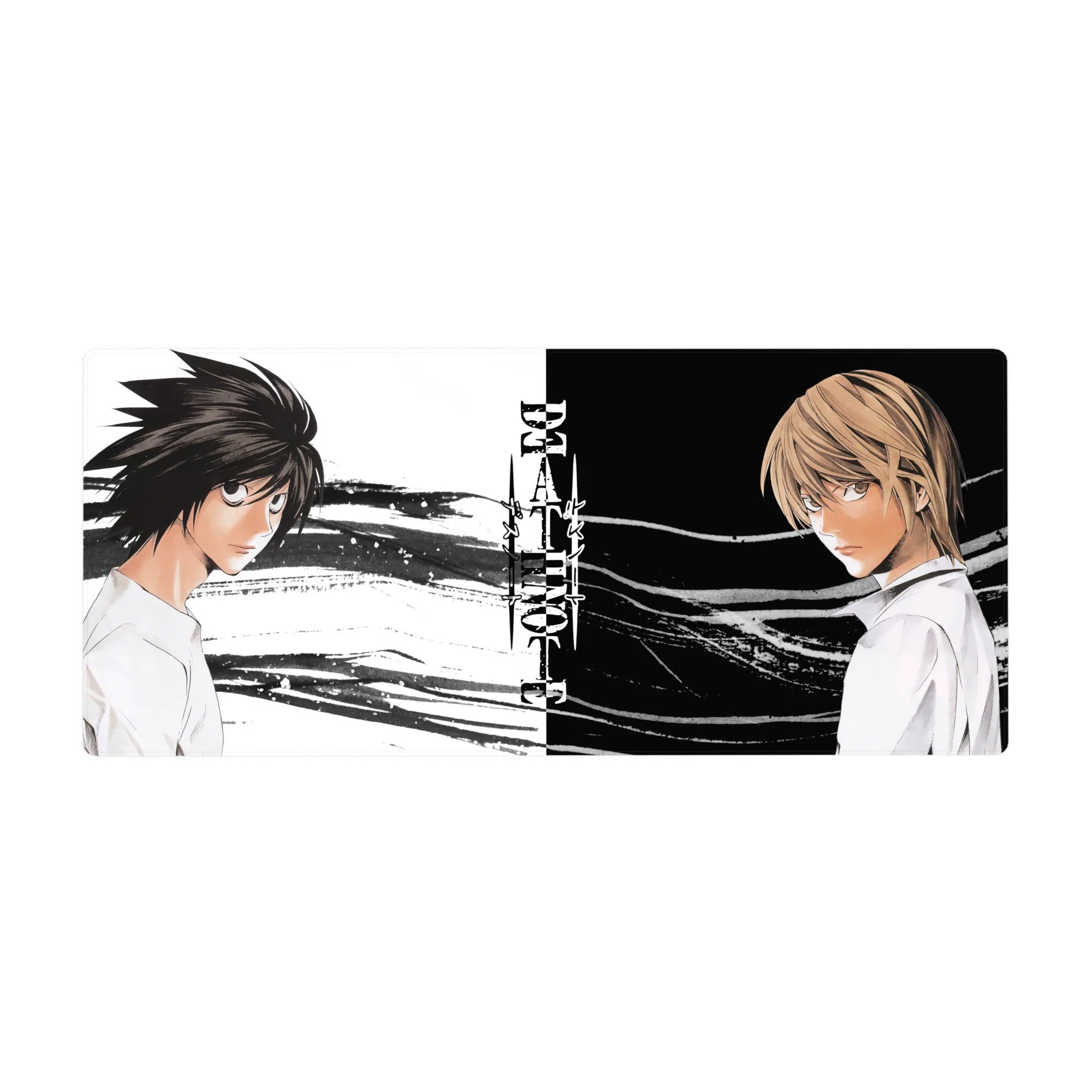 36x16 inches anime desk pad with split standoff design, ink streaks, and bold Death Note logo.