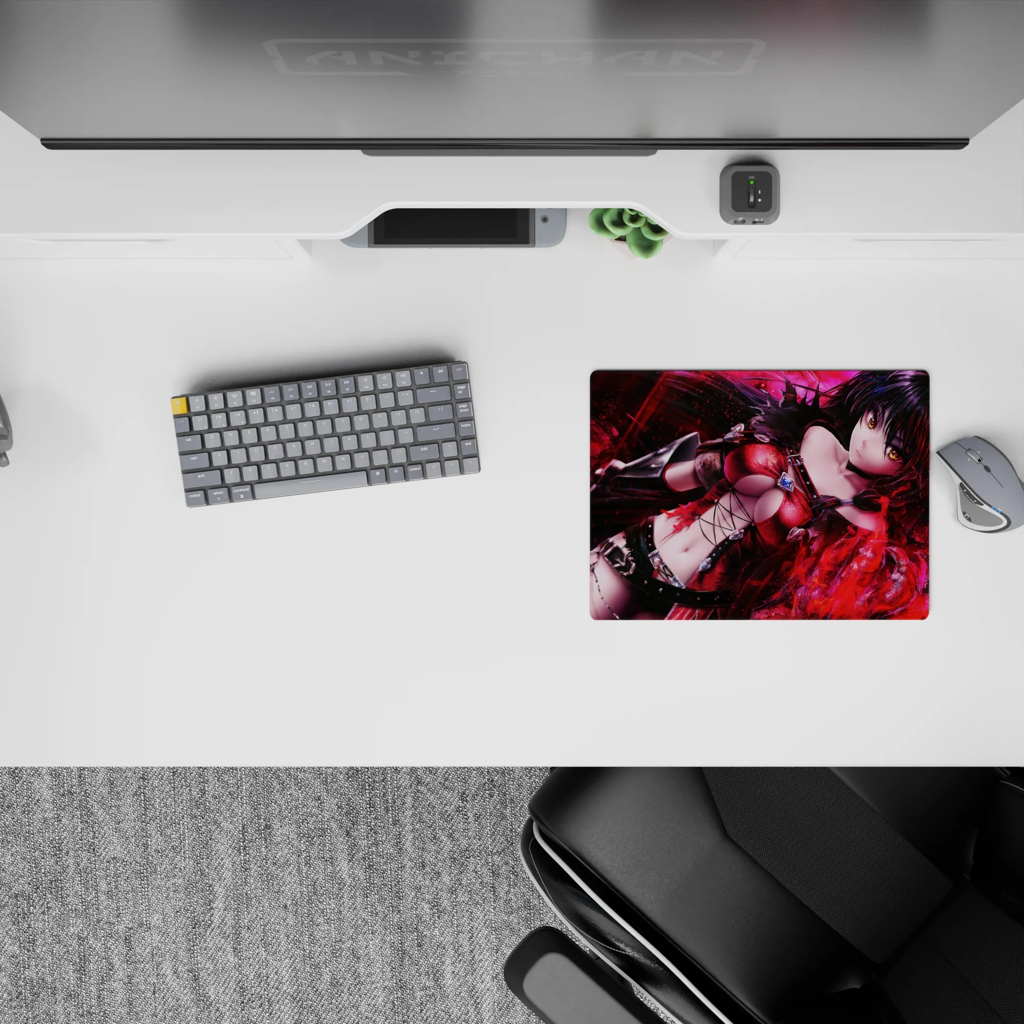 Gothic dark fantasy anime girl mouse pad 14x10 inches in glossy reds, smoky shadows, neon sheen.