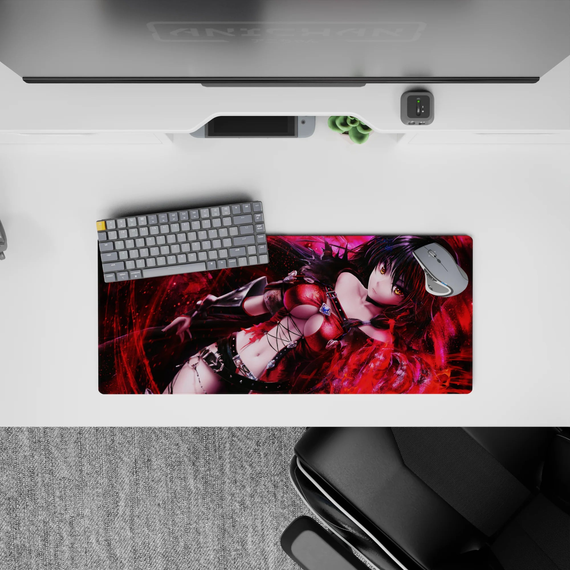 28x12 inches dark fantasy mouse pad in glossy reds and smoky shadows with neon sheen and red sparks.