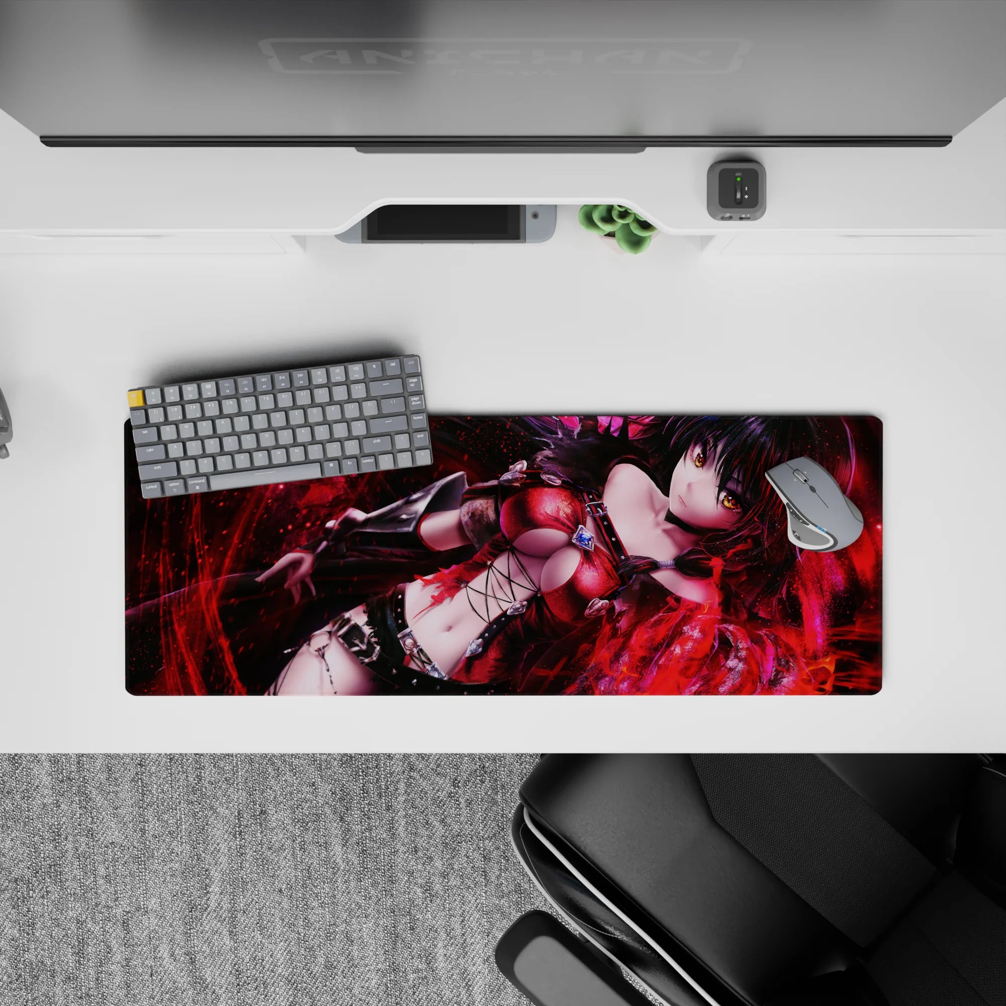32x12 inches dark fantasy desk mat in glossy reds and smoky shadows, neon sheen with red sparks.