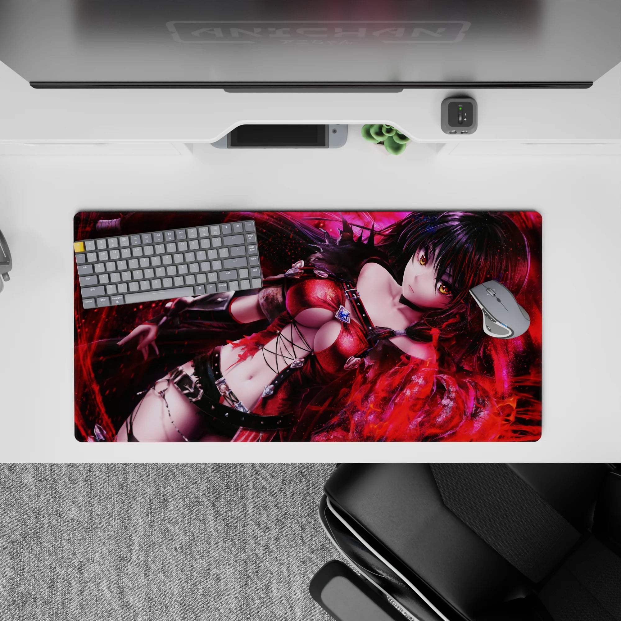 32x16 inches gothic anime desk mat in glossy crimson and black, smoky shadows with red sparks and neon shine.