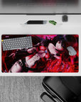 32x16 inches gothic anime desk mat in glossy crimson and black, smoky shadows with red sparks and neon shine.