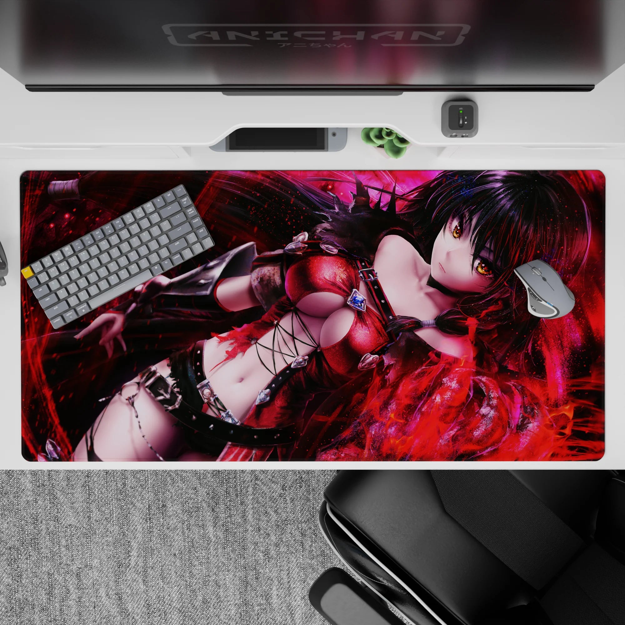 Gothic crimson and black anime desk pad 40x20 inches with smoky shadows, neon sheen, and red sparks.