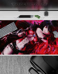 Gothic crimson and black anime desk pad 40x20 inches with smoky shadows, neon sheen, and red sparks.
