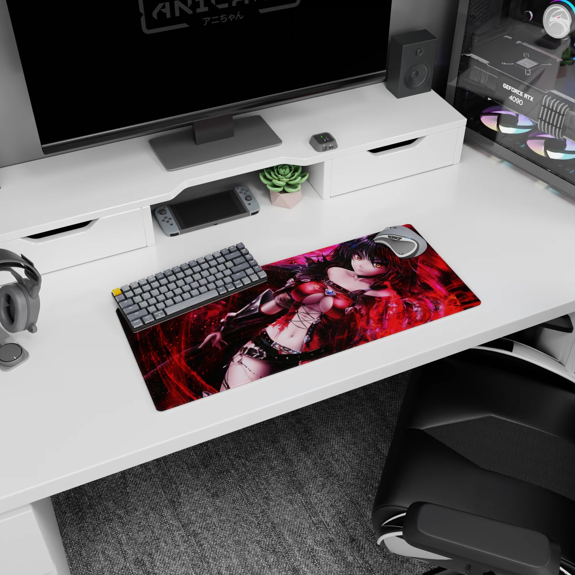 28x12 inches desk mat featuring a raven-haired anime heroine amid swirling red sparks, moody gothic vibe.