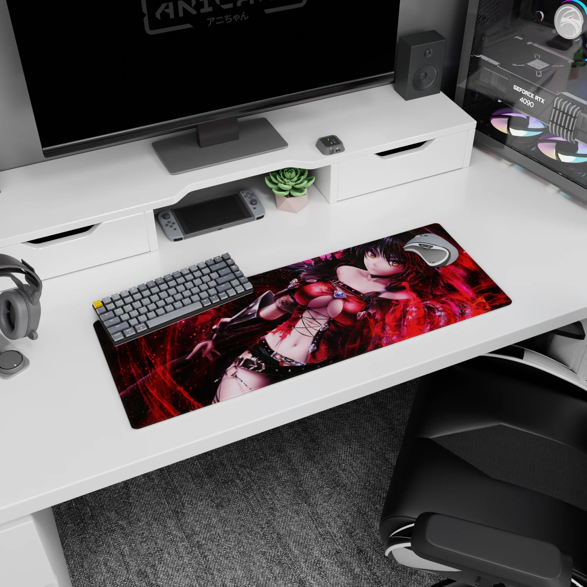 32x12 inches extended mouse pad showing raven-haired anime heroine amid a storm of red sparks.