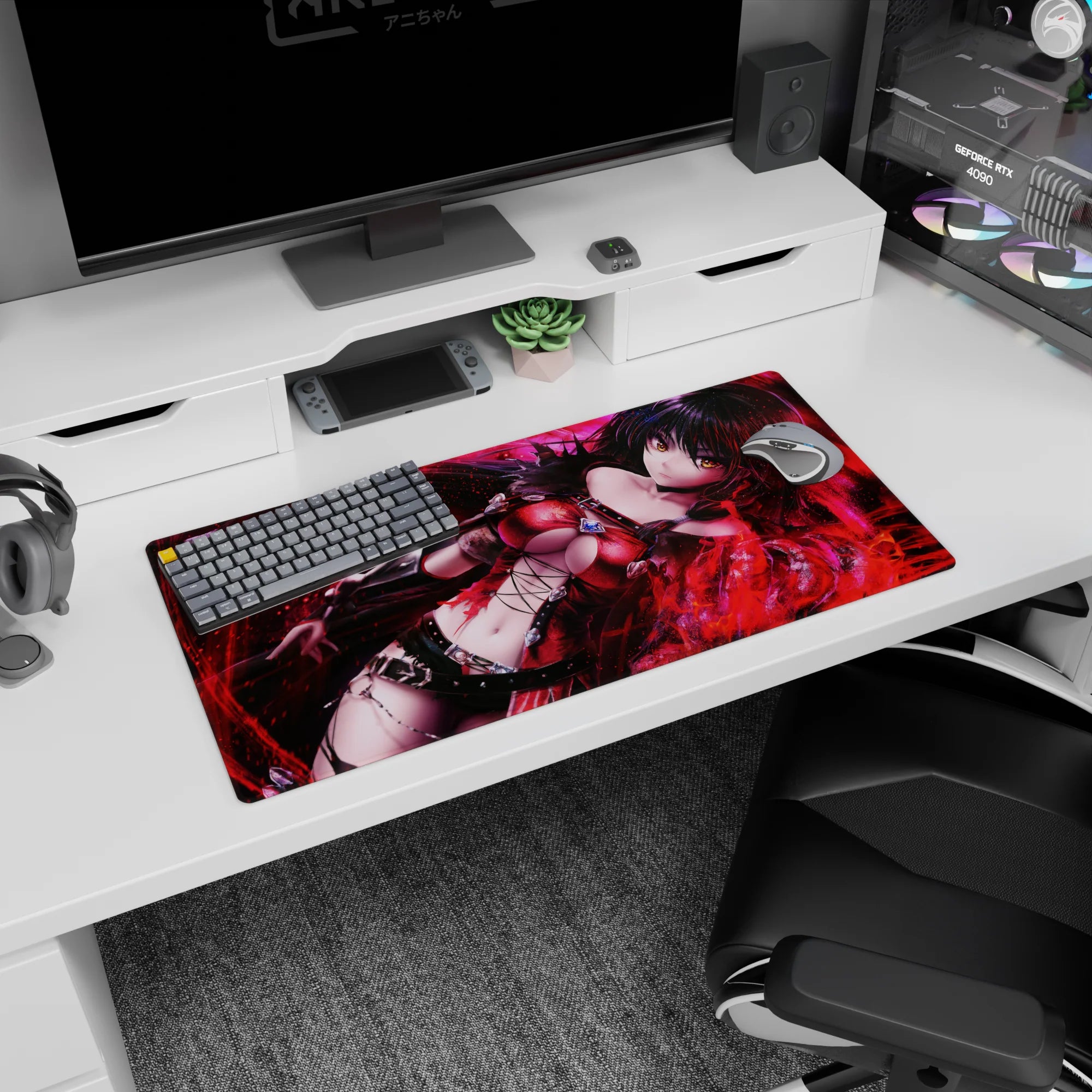 32x16 inches dark fantasy mouse pad showing a raven-haired anime heroine amid a storm of glowing red sparks.