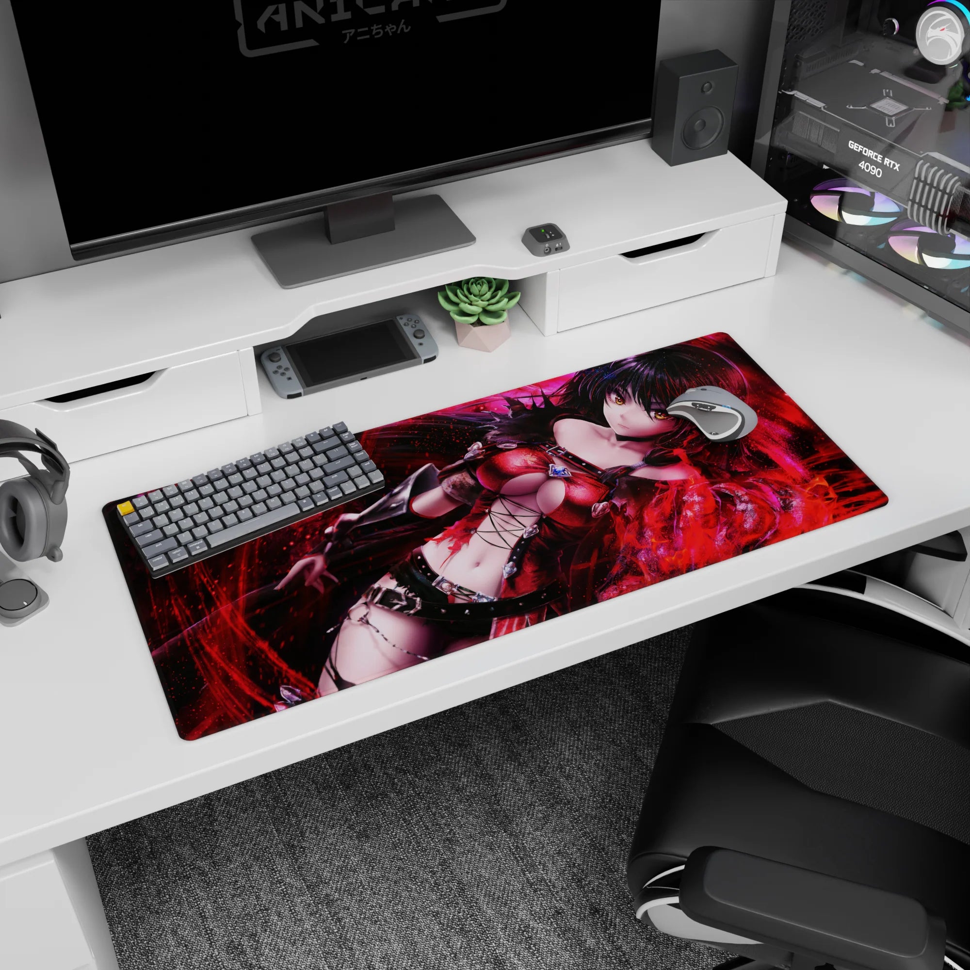 Raven-haired anime heroine amid red sparks on desk pad 36x16 inches, glowing amber eyes in crimson leather.
