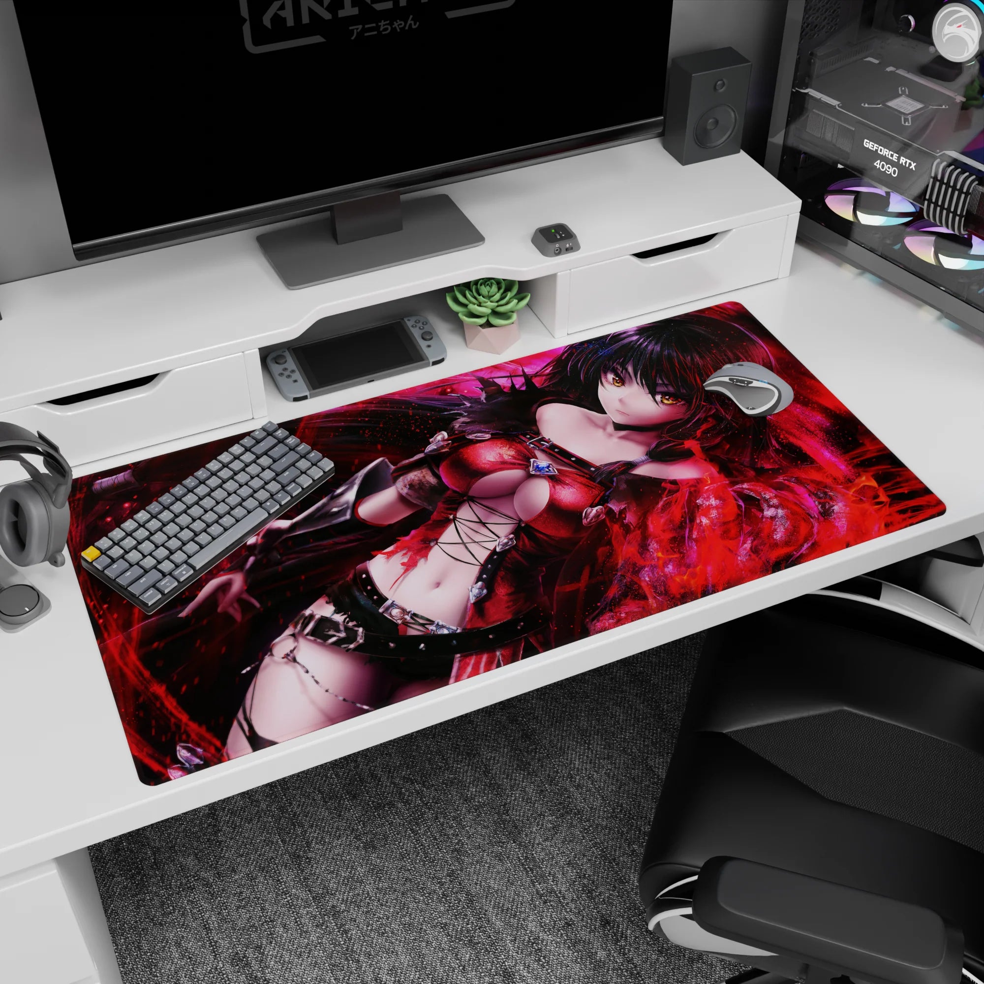Raven-haired anime heroine with glowing amber eyes amid red sparks on a 40x20 inches desk pad.