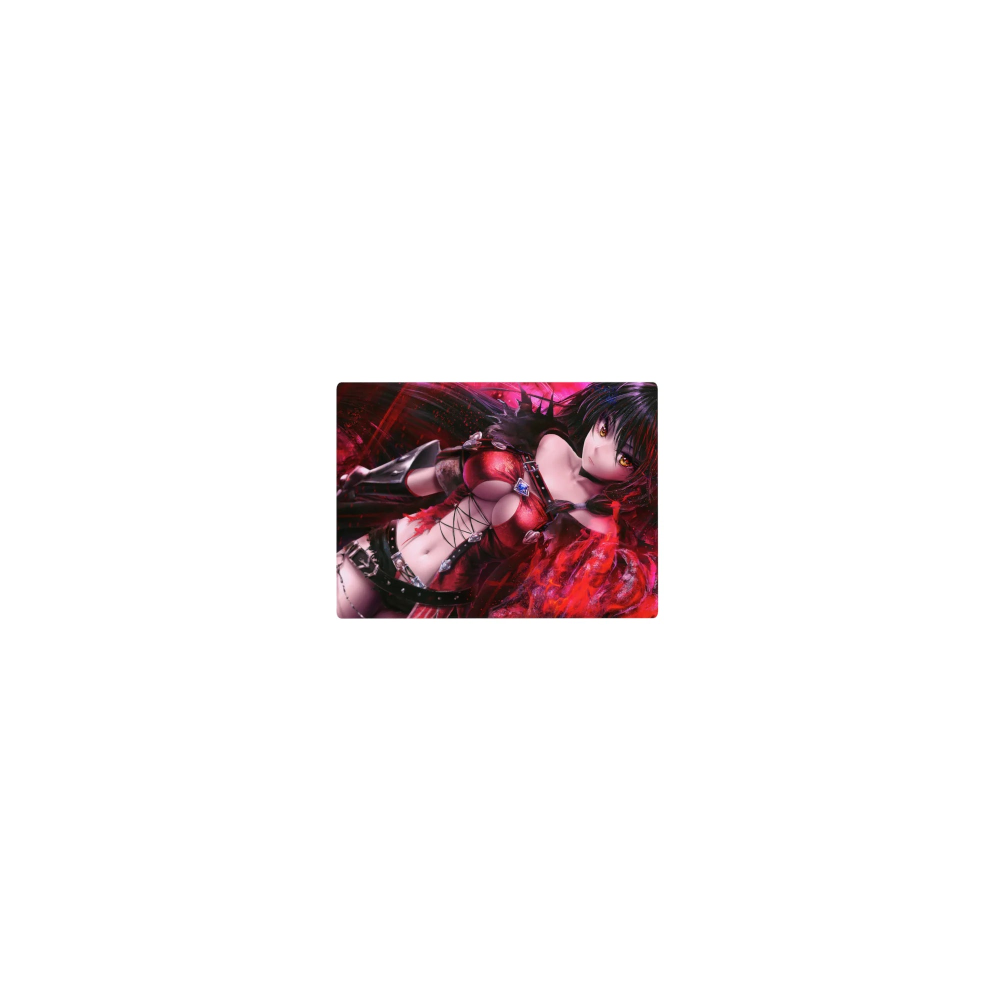 Classic anime girl mouse pad 14x10 inches with raven-haired heroine, amber eyes, crimson leather, black straps.