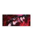 28x12 inches anime girl mouse pad with raven-haired heroine, amber eyes, crimson leather, black straps.