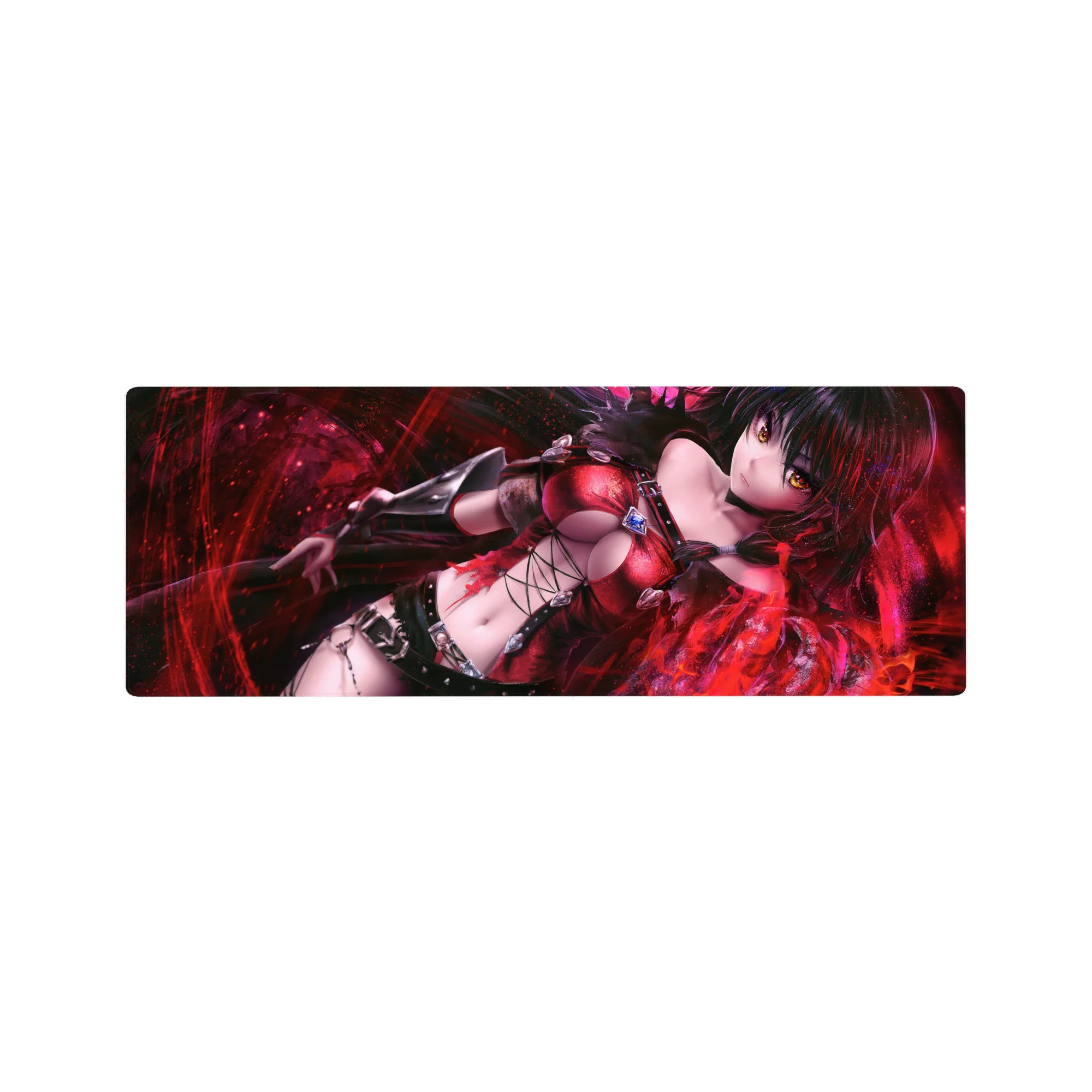 32x12 inches anime girl mouse pad with raven-haired heroine, amber eyes, crimson leather and black straps.