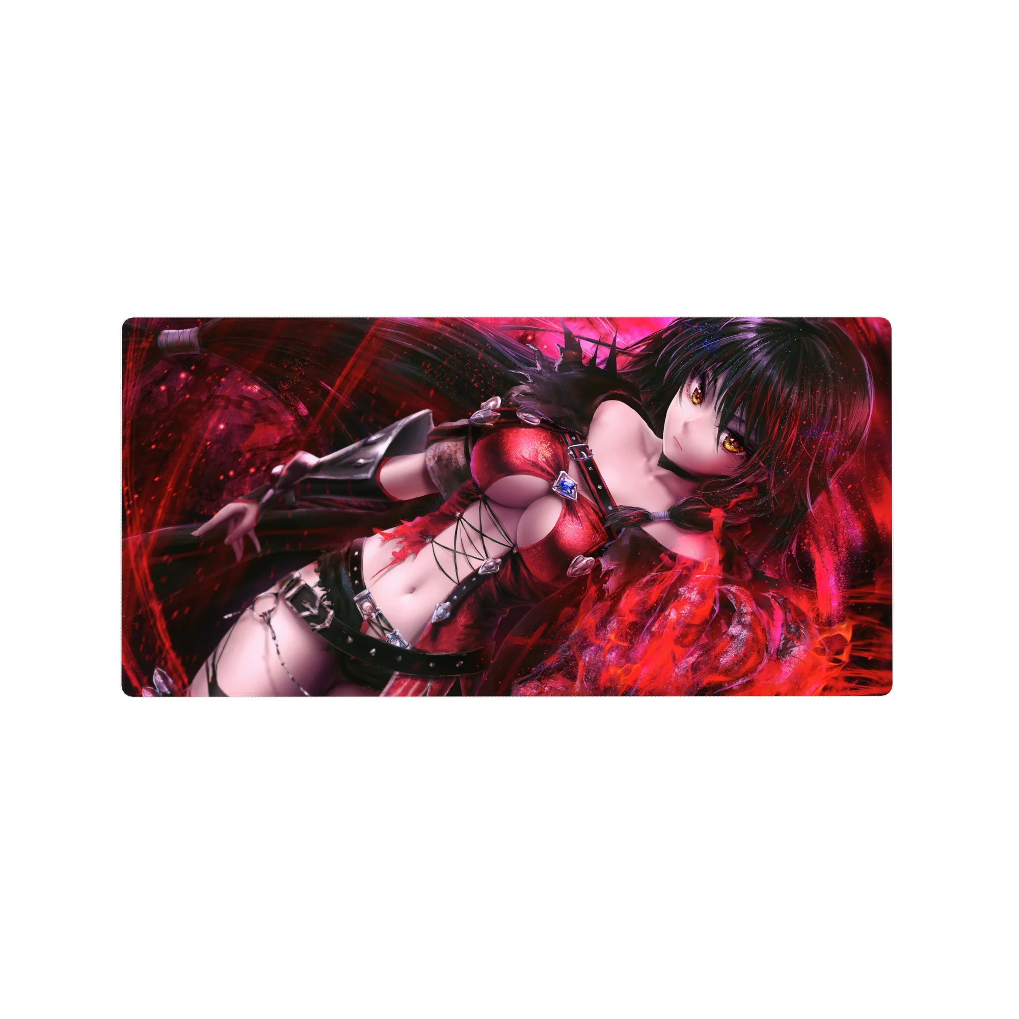 32x16 inches anime girl mouse pad with raven-haired heroine, amber eyes, crimson leather and black straps.