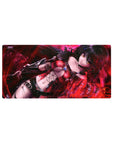 32x16 inches anime girl mouse pad with raven-haired heroine, amber eyes, crimson leather and black straps.